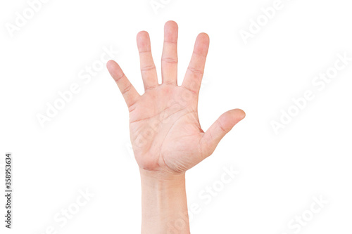 Man's hand making palm and finger up isolated on white background with clipping path included.