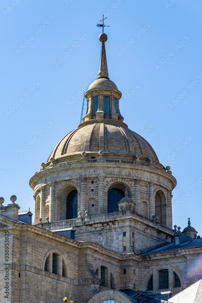 It's Tower of the Royal Monastery of San Lorenzo, El Escorial, Madrid, Spain. UNESCO World heritage site
