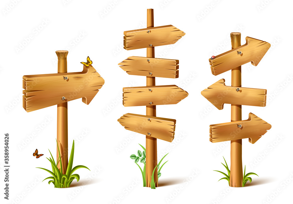 Vector cartoon wooden rustic sings in arrow of direction. Old, retro banner with metal nails for messages or pointers for path finding with butterflies and grass around and realistic shadow. Vector cartoon wooden rustic sings in arrow of direction. Old, retro banner with metal nails for messages or pointers for path finding with butterflies and grass around and realistic shadow.