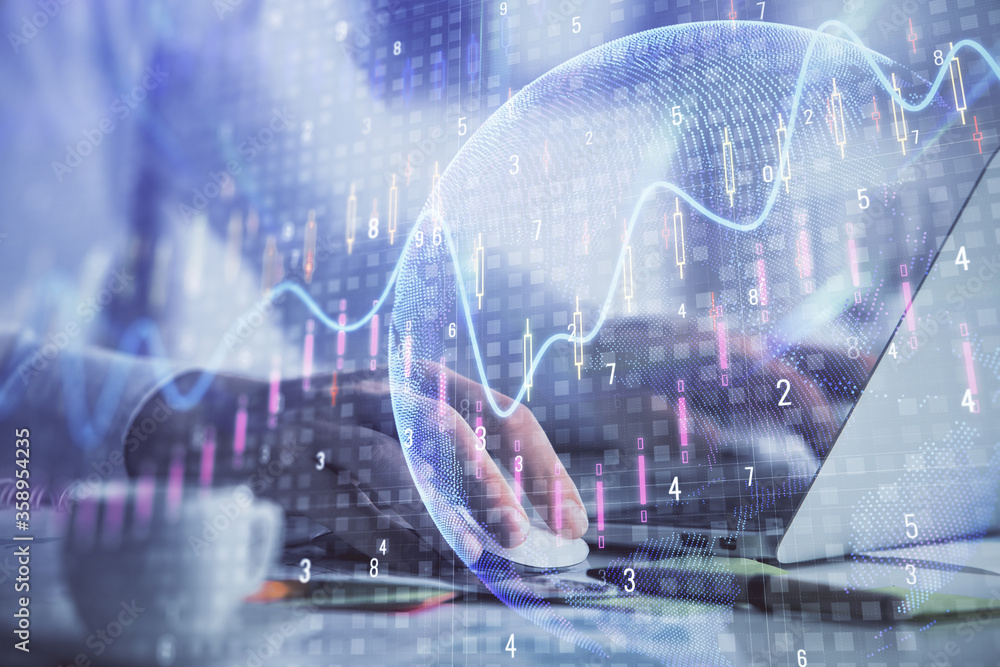 Double exposure of forex graph with man working on computer on background. Concept of market analysis. Double exposure of forex graph with man working on computer on background. Concept of market analysis.