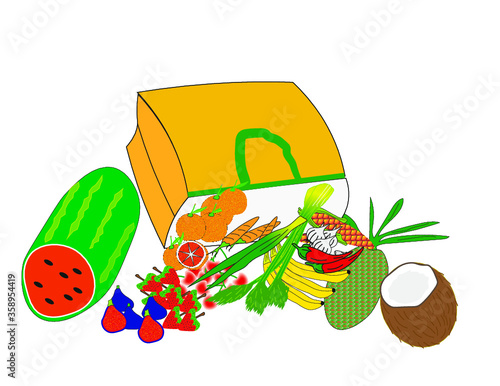Logo illustrazione locandina  per borsa della spesa piena di frutta e verdura per miniparket negozio frutta e verdura
