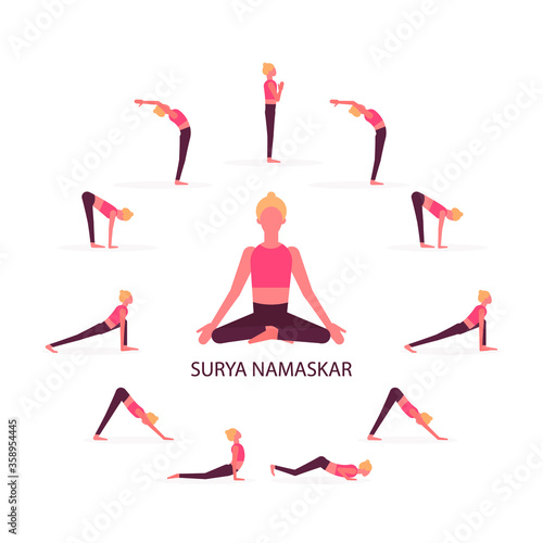 Vector flat illustration of yoga poses. Salutation to the sun icons.  Surya namaskar sequence.