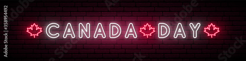 Canada Day neon signboard. Bright horizontal banner with red maple leaves and text. Vector illustration.