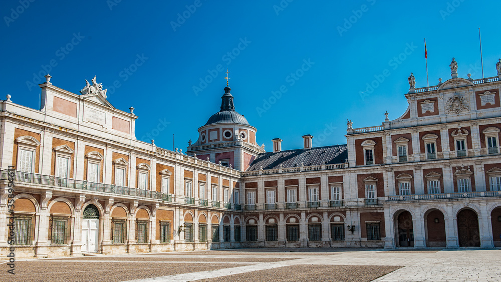 It's Interior yard of the Royal Palace of Aranjuez, a residence of the King of Spain, Aranjuez, Community of Madrid, Spain. UNESCO World Heritage