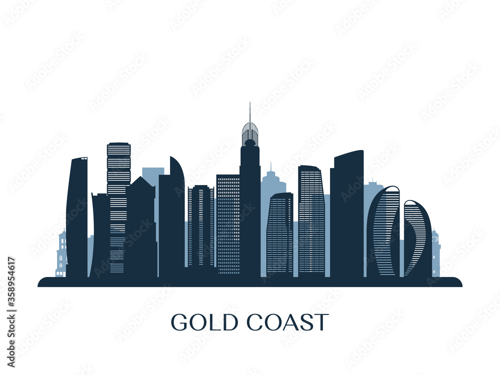 Gold Coast skyline, monochrome silhouette. Vector illustration.