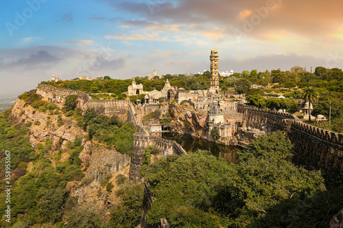 Historic Chittorgarh Fort also known as the Chittor Fort at Rajasthan built in the 7th century AD at sunset. Chittor Fort is a UNESCO World Heritage site and one of the largest forts in India.