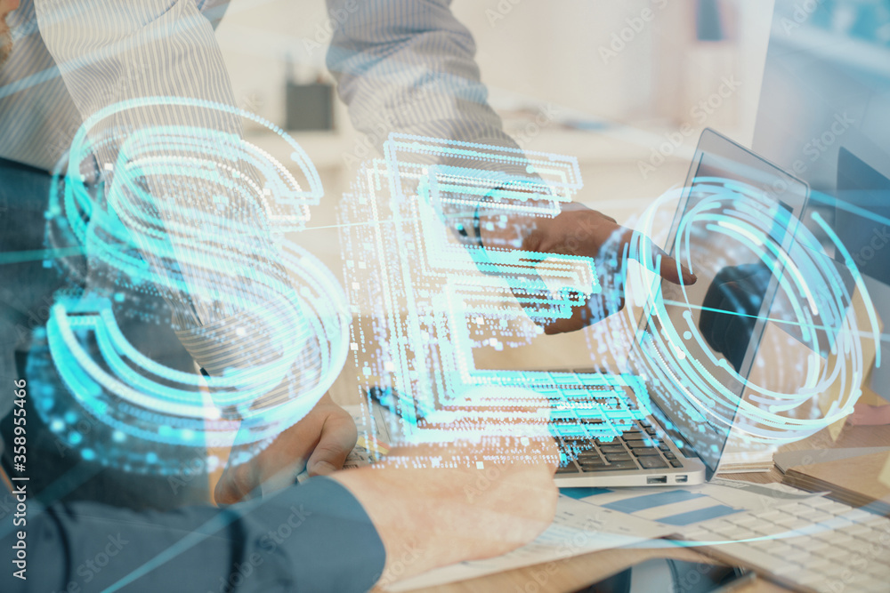 Multi exposure of seo icon with man working on computer on background. Concept of search engine optimization. Multi exposure of seo icon with man working on computer on background. Concept of search engine optimization.