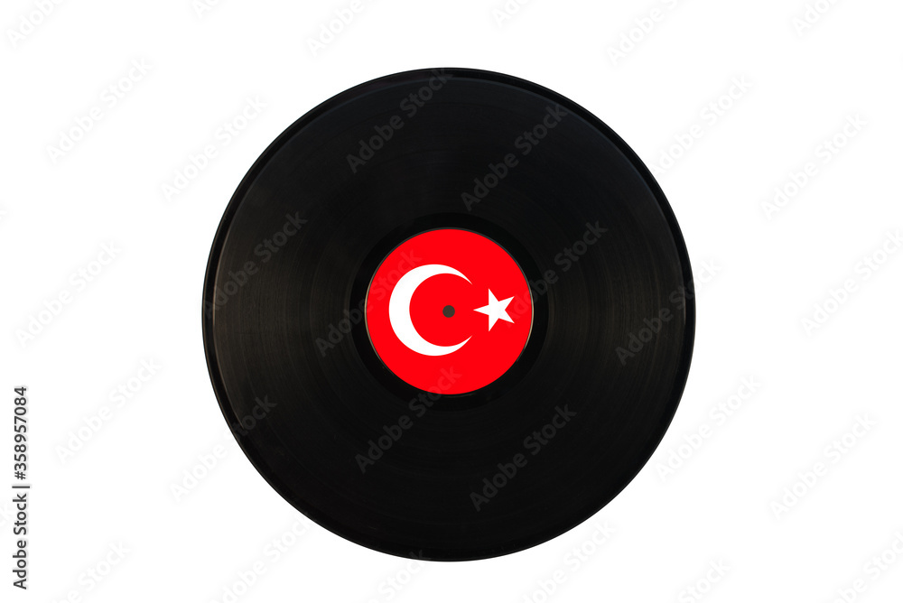 Gramophone record with the flag of Turkey. Turkish music. Vinyl record with the flag of Turkey, on a white background, isolated Gramophone record with the flag of Turkey. Turkish music. Vinyl record with the flag of Turkey, on a white background, isolated