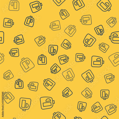 Blue line Plastic bottles for laundry detergent, bleach, dishwashing liquid or another cleaning agent icon isolated seamless pattern on yellow background. Vector Illustration.