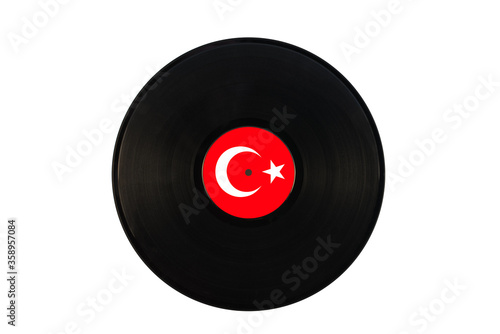 Gramophone record with the flag of Turkey. Turkish music. Vinyl record with the flag of Turkey, on a white background, isolated