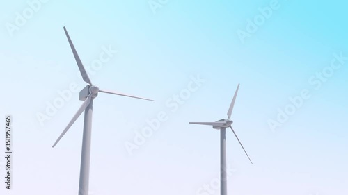Two wind power generators. The propeller turns with the wind. Make energy with the power of nature. Wind turbine spinning. 3D rendering
