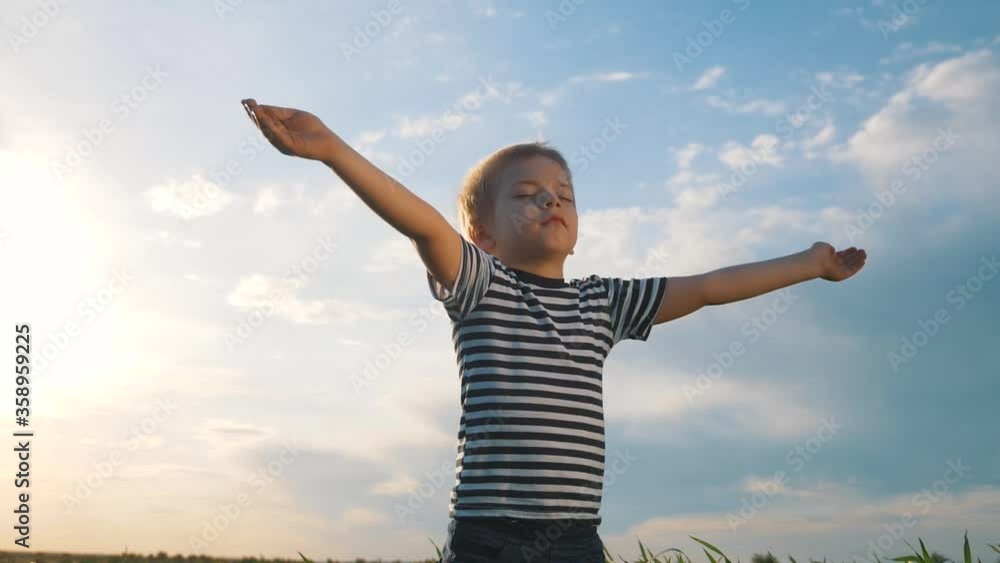 Happy child. A little boy at sunset spread his arms to the sides in the park, turning to the sky. The concept of freedom, bliss, family happiness, the path to a dream. Happy child. A little boy at sunset spread his arms to the sides in the park, turning to the sky. The concept of freedom, bliss, family happiness, the path to a dream.
