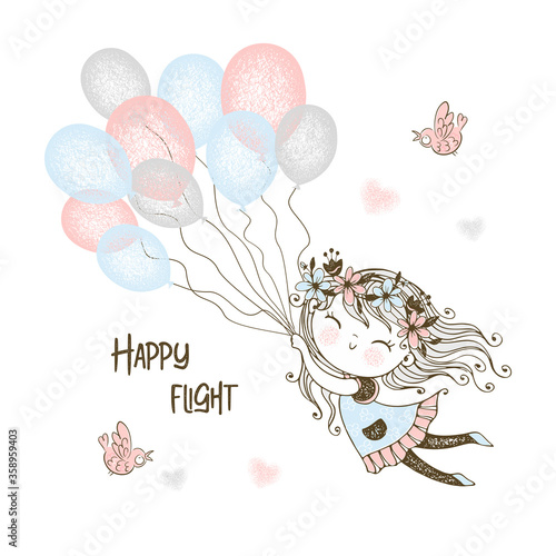 Cute girl flying balloons. Vector illustrations. Cards.