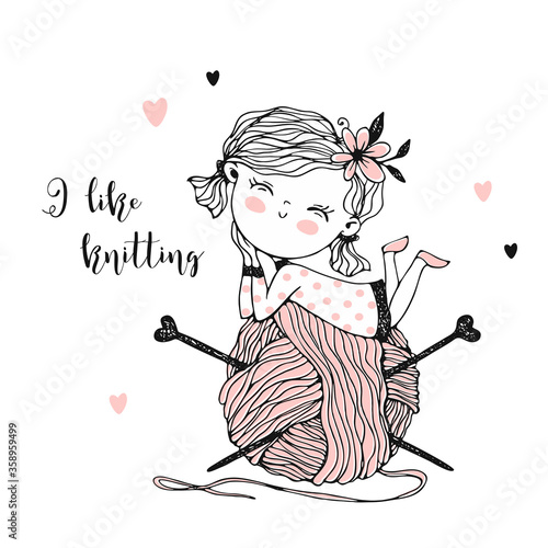 Cute little knitter with a huge skein of yarn. Vector. photo