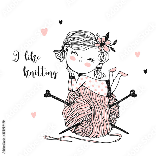 Cute little knitter with a huge skein of yarn. Vector.