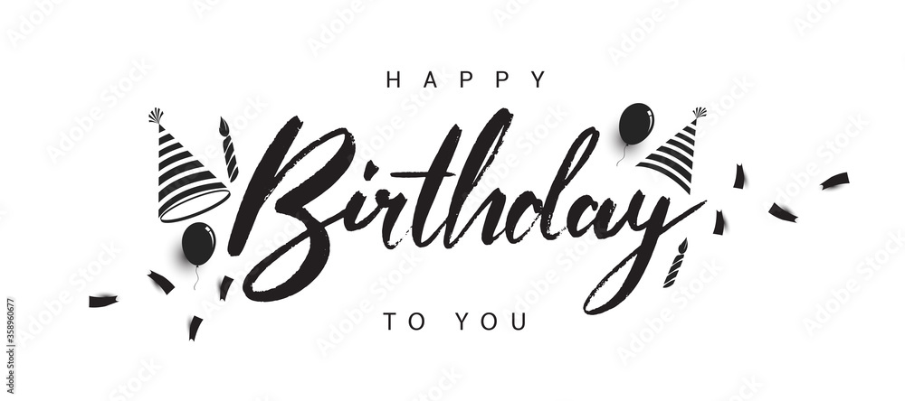 Happy Birthday lettering text banner with balloon, hat, candle, confetti, black color. Vector illustration.