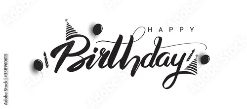 Canvas Print Happy Birthday lettering text banner with balloon, hat, candle, confetti, black color