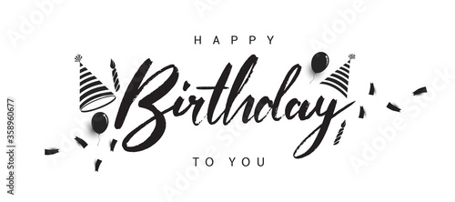 Obraz na płótnie Happy Birthday lettering text banner with balloon, hat, candle, confetti, black color. Vector illustration. w salonie