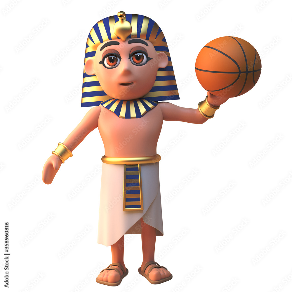 Cartoon 3d Egyptian pharaoh character holding a baskeball