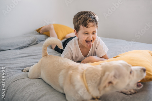 child (6-7 years old) laughing and playing with a white dog at home