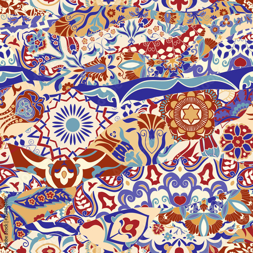 Azulejos tiles patchwork. Seamless colorful patchwork. Hand drawn seamless abstract pattern from mandalas. Majolica pottery tile, blue, yellow azulejo. Original traditional Portuguese and Spain decor
