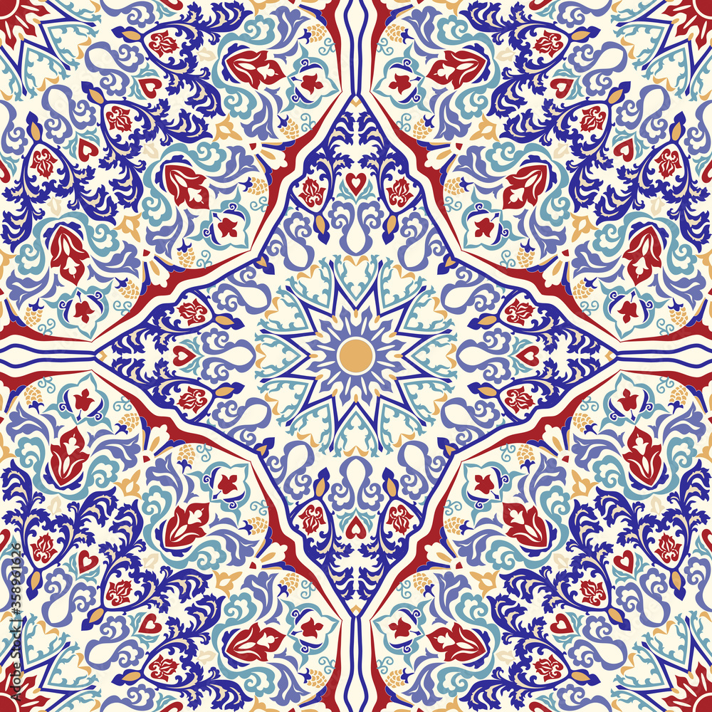 Seamless colorful pattern with Turkish motif. Hand drawn seamless abstract pattern from floral mandala. Majolica pottery tile, blue, yellow azulejo. Original traditional Portuguese and Spain decor