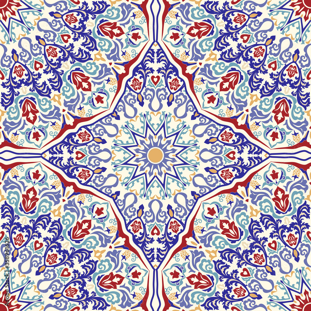 Seamless colorful pattern with Turkish motif. Hand drawn seamless abstract pattern from floral mandala. Majolica pottery tile, blue, yellow azulejo. Original traditional Portuguese and Spain decor Seamless colorful pattern with Turkish motif. Hand drawn seamless abstract pattern from floral mandala. Majolica pottery tile, blue, yellow azulejo. Original traditional Portuguese and Spain decor