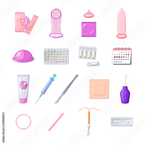 Methods of birth control and disease prevention: condom, pills, spermicide, IUD and other contraceptive. Vector illustration cartoon flat icon set isolated on white background.