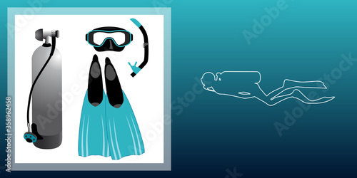 Illustration au trait d’un plongeur sous-marin et quelques objets correspondant à ce sport.