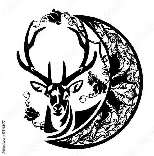 antler deer and crescent moon with rose flowers and butterfly - magic nature and good night concept black and white vector design