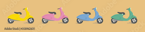 Vector set of mopeds on an isolated background. yellow green blue pink scooter. For design postcards, web site, application and courier delivery. Flat in vintage style, city transport. Stock Graphics