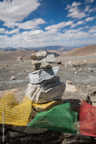 Prayer stone stack at Taglang La Pass  is a high altitude mountain pass in the India