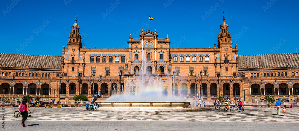 Obraz premium It's Part of the Central building at the Plaza de Espana in Seville, Andalusia, Spain. It's example of the Renaissance Revival style in Spanish architecture.