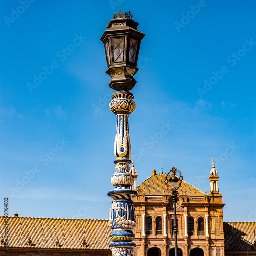 It s Lamp post at the Plaza de Espana in Seville  Andalusia  Spain. It s example of the Renaissance Revival style in Spanish architecture.