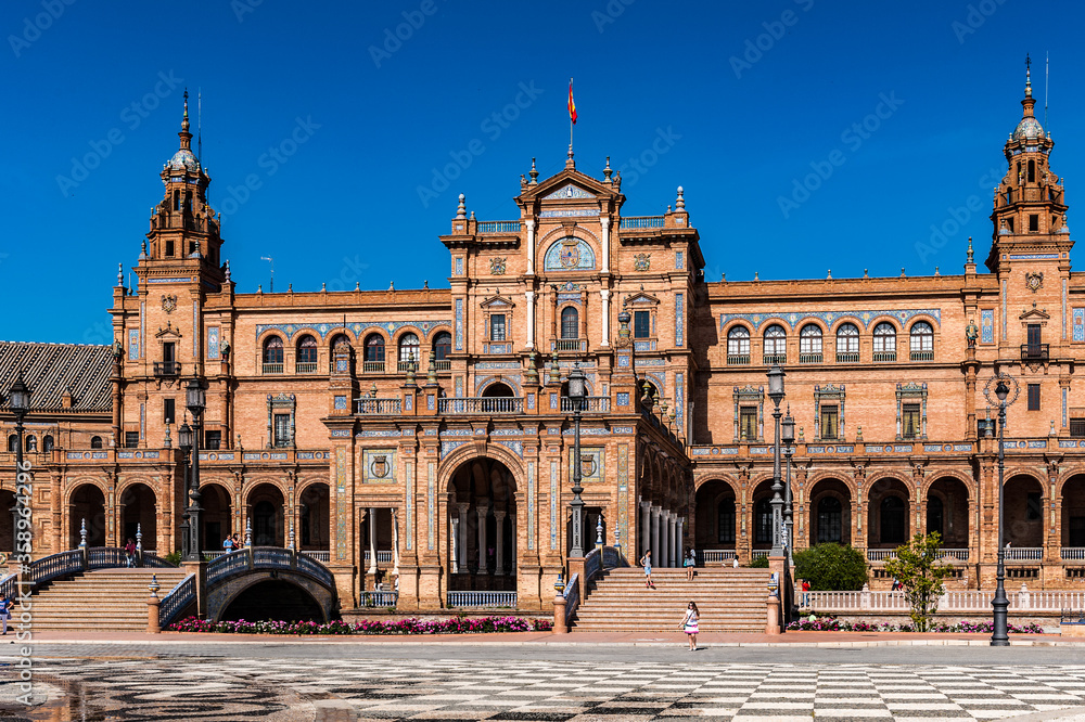 It's Central par of the building at the Plaza de Espana in Seville, Andalusia, Spain. It's example of the Renaissance Revival style in Spanish architecture.