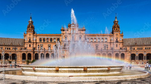 It's Central building and the fountain at the Plaza de Espana in Seville, Andalusia, Spain. It's example of the Renaissance Revival style in Spanish architecture.