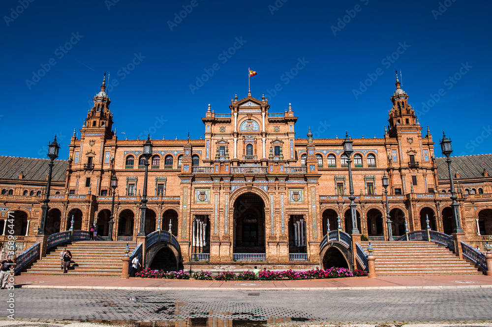 It's Central building main entrance at the Plaza de Espana in Seville, Andalusia, Spain. It's example of the Renaissance Revival style in Spanish architecture.