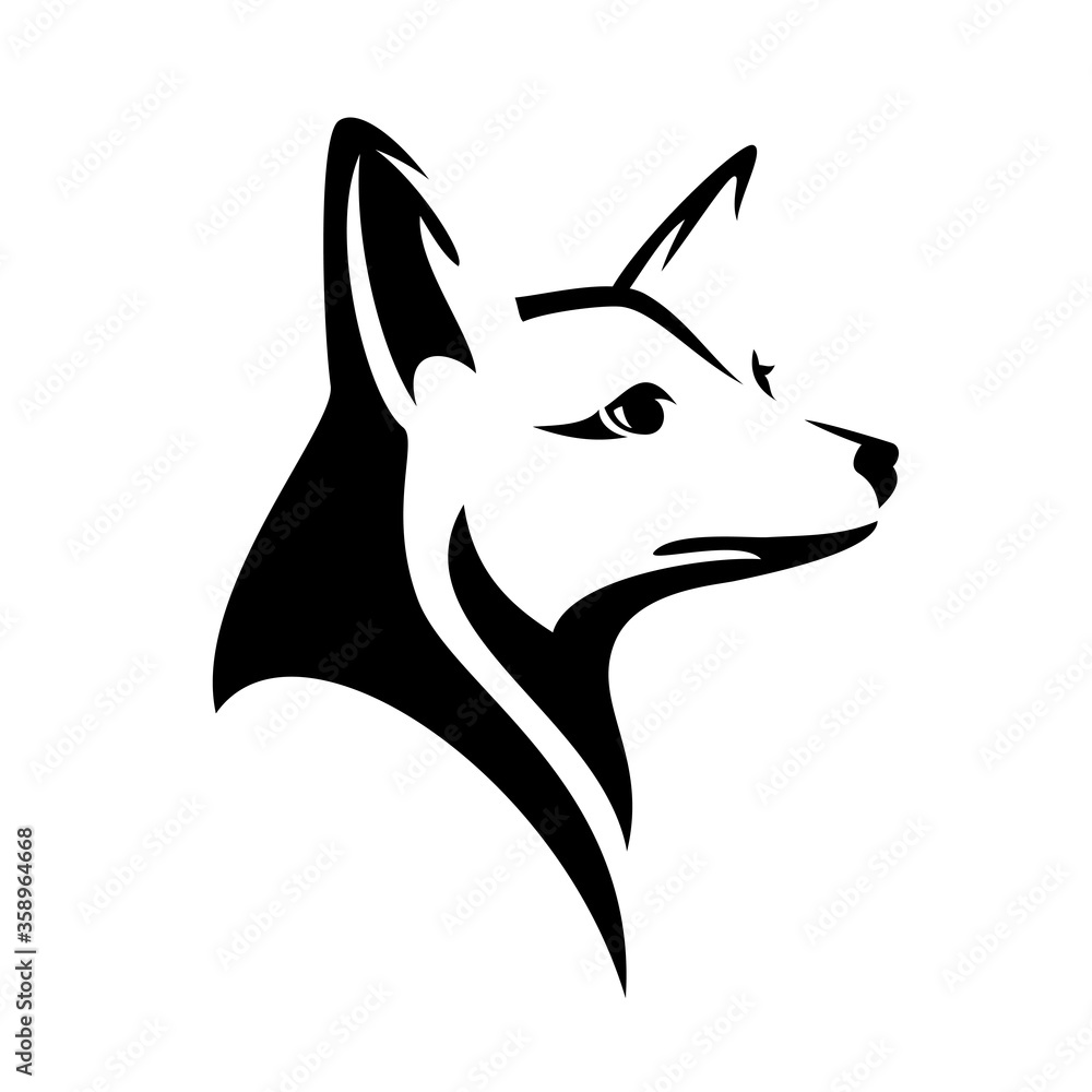 cute wild fox black and white vector outline head portrait