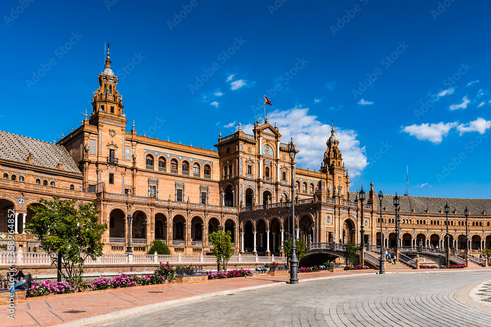 It's Central building at the Plaza de Espana in Seville, Andalusia, Spain. One of the most beautiful places in Seville