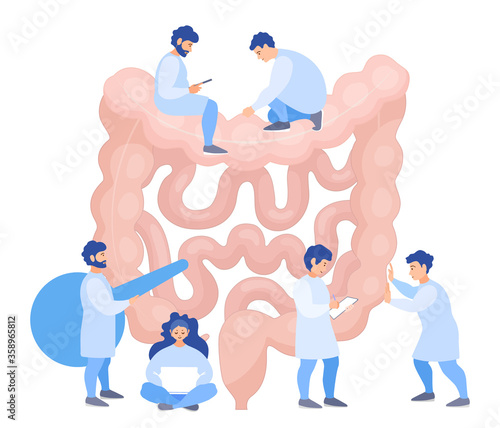 A team of doctors checkup the intestines. Tiny people examine the organ and make a diagnosis. Banner on the prevention of intestines disease. Vector flat concept. Treatment.