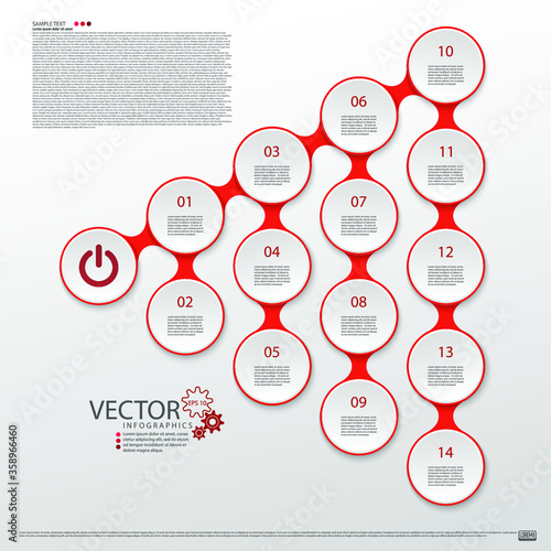 Modern infographics. Layout for the business plan. New project. Fourteen steps of development. Web design element. Graphic information. Marketing. Vector illustration.