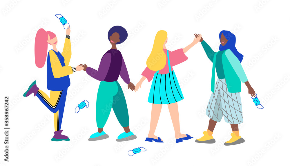A group of women of different nationalities throw medical masks. A crowd of mixed-race women take off their masks to celebrate their victory over a disease, virus or pandemic A group of women of different nationalities throw medical masks. A crowd of mixed-race women take off their masks to celebrate their victory over a disease, virus or pandemic