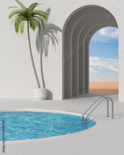 Fotografija Dreamy terrace, over beach or desert landscape with cloudy sky, potted palm tree