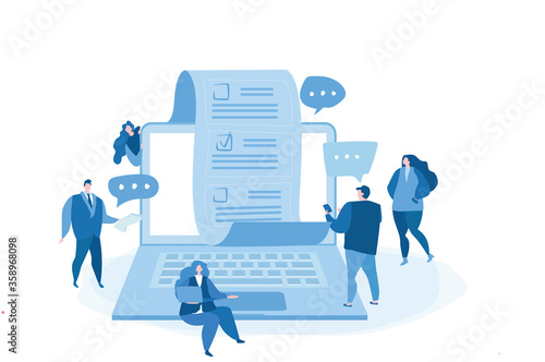 Online voting, with computer screen,  voting document, voters making decisions. Vector illustration for web banner, infographics, mobile. electronic voting system 