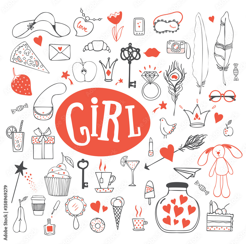 Hand drawn doodle vector set of girl's accessories. Modern princess icons. Girlish set. Isolated vector objects. Hand drawn doodle vector set of girl's accessories. Modern princess icons. Girlish set. Isolated vector objects.
