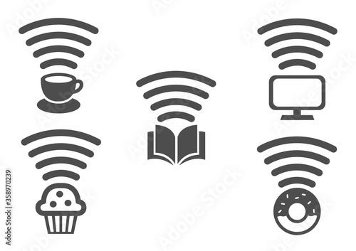 wifi and signal sensor icon set for shop and store / tv coffee donut book bekery