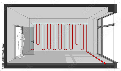 3d illustration of  empty room with door and tall french window and standing man in the opened door and wall heating 