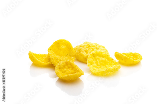 Healthy grains Cornflakes milk breakfast. Snack Cereal corn flakes isolated on white background. Clean-eating food with antioxidant  omega-3  protein and copy space.