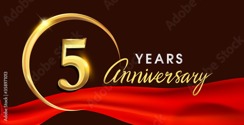 5th anniversary logotype with golden ring isolated on red ribbon elegant background, vector design for birthday celebration, greeting card and invitation card. © Vectorideas