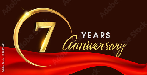 7th anniversary logotype with golden ring isolated on red ribbon elegant background, vector design for birthday celebration, greeting card and invitation card.